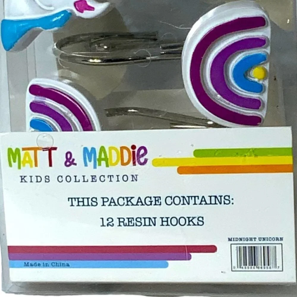 Matt & Maddie Unicorn Rainbow Hooks Kids Collection 12 Shower Curtain Hook Set